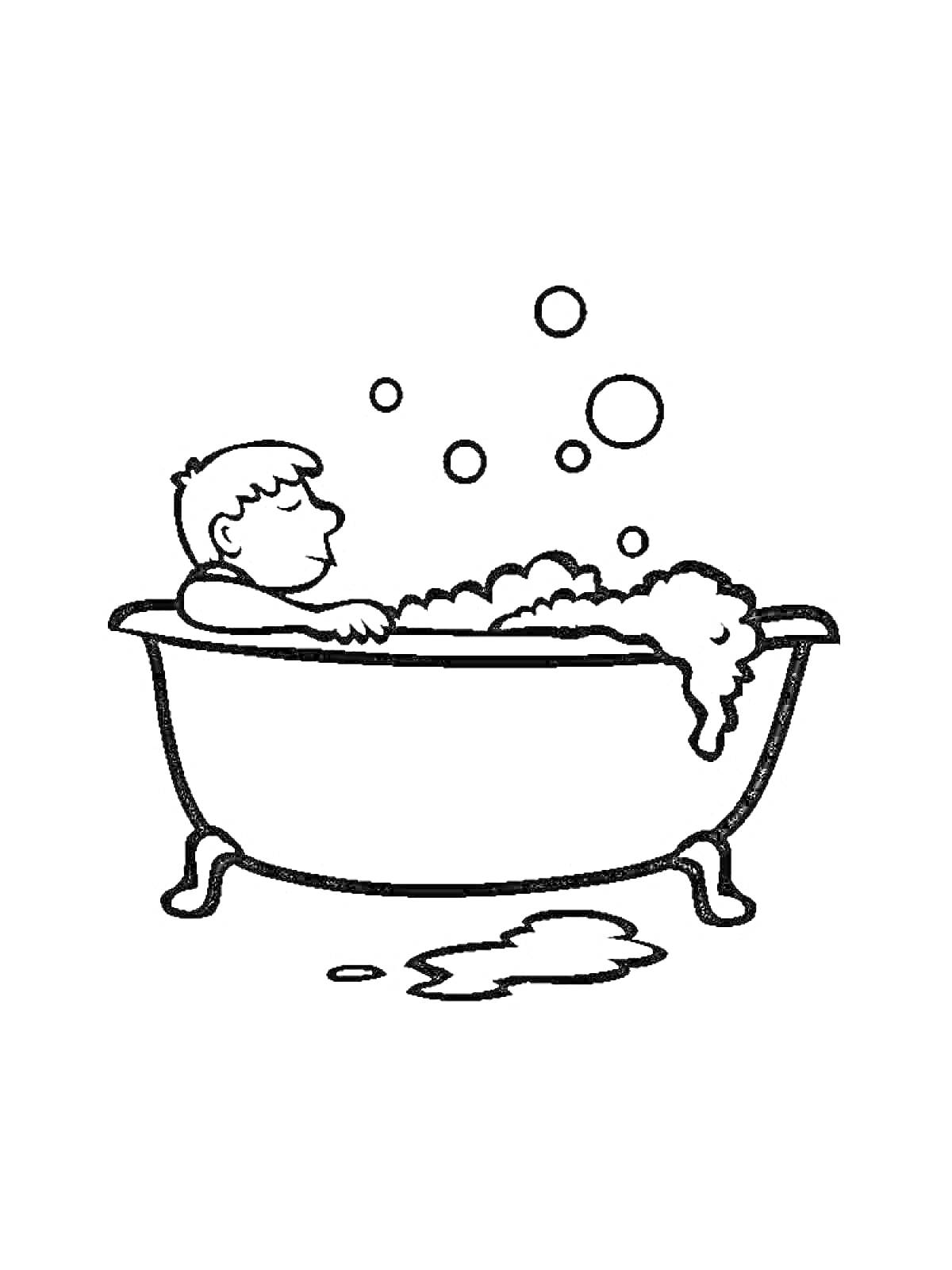 Раскраска Человек в ванне с пузырями и водой на полу