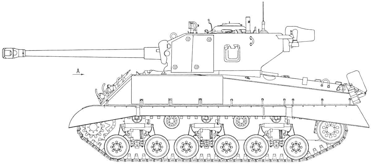 Раскраска Кв 44, танк, гусеницы, башня с пушкой, антенна, люк, боевая единица