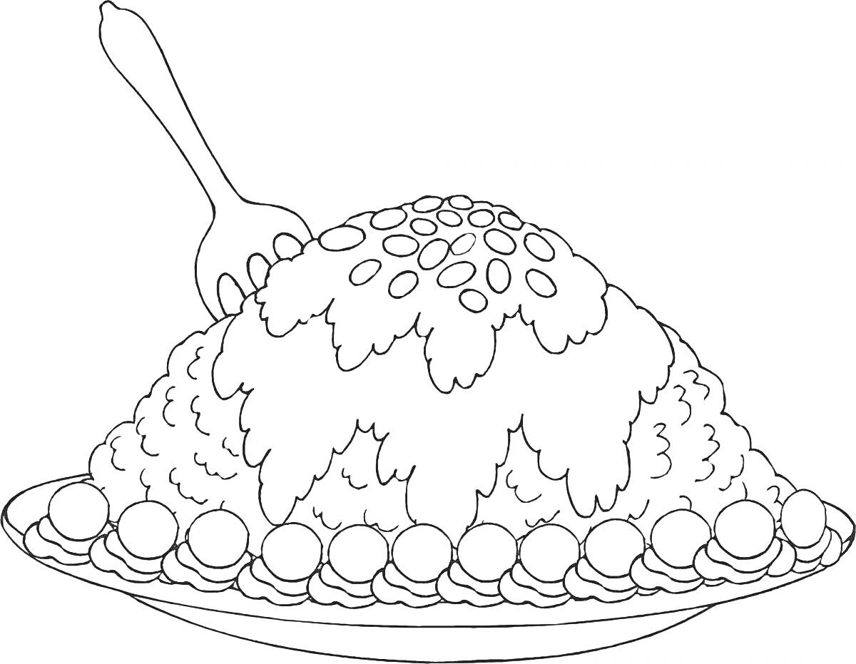 Раскраска Оливье с майонезом, горошком и картофельными шариками, с ложкой на тарелке