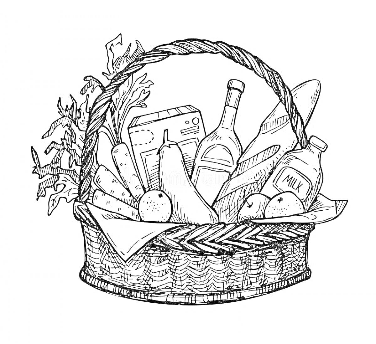 Раскраска Корзина с молоком, вином, хлебом, морковью, яблоками, перцем, зеленью и коробкой