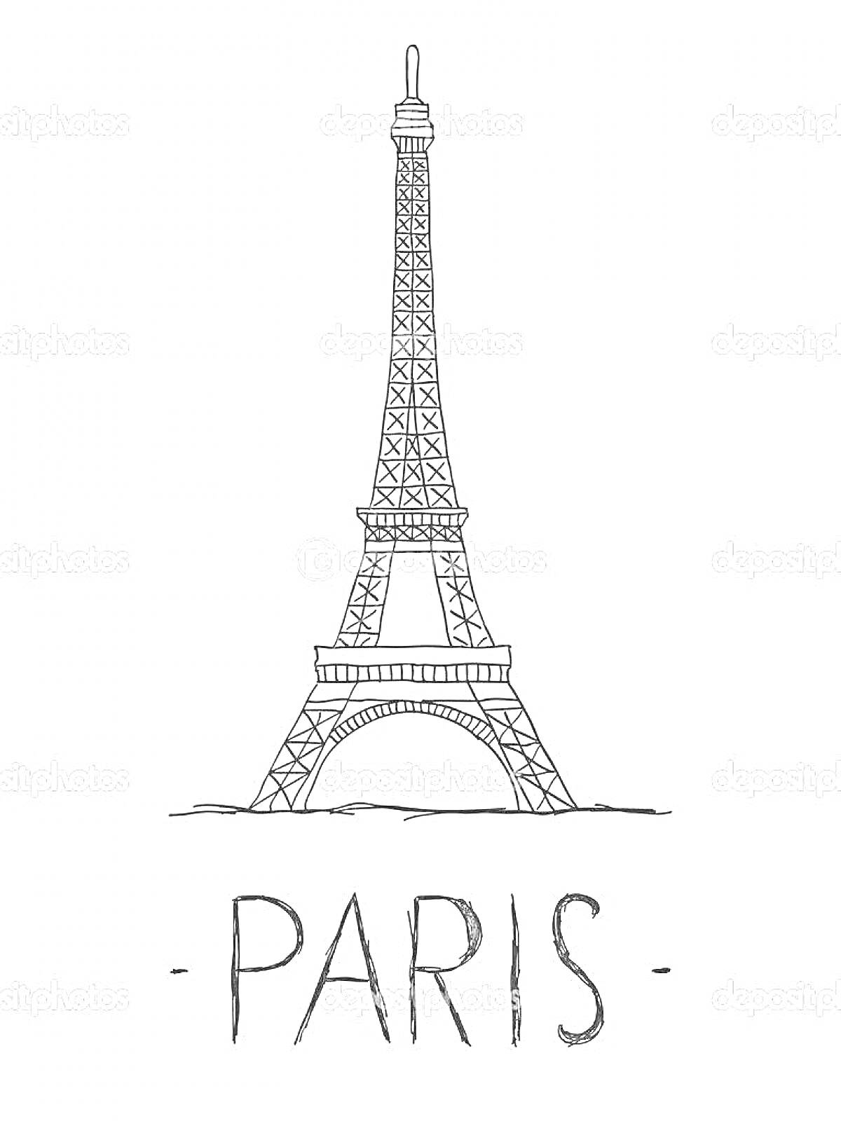 На раскраске изображено: Эйфелева башня, Париж, Франция, Архитектура, Достопримечательности, Туризм