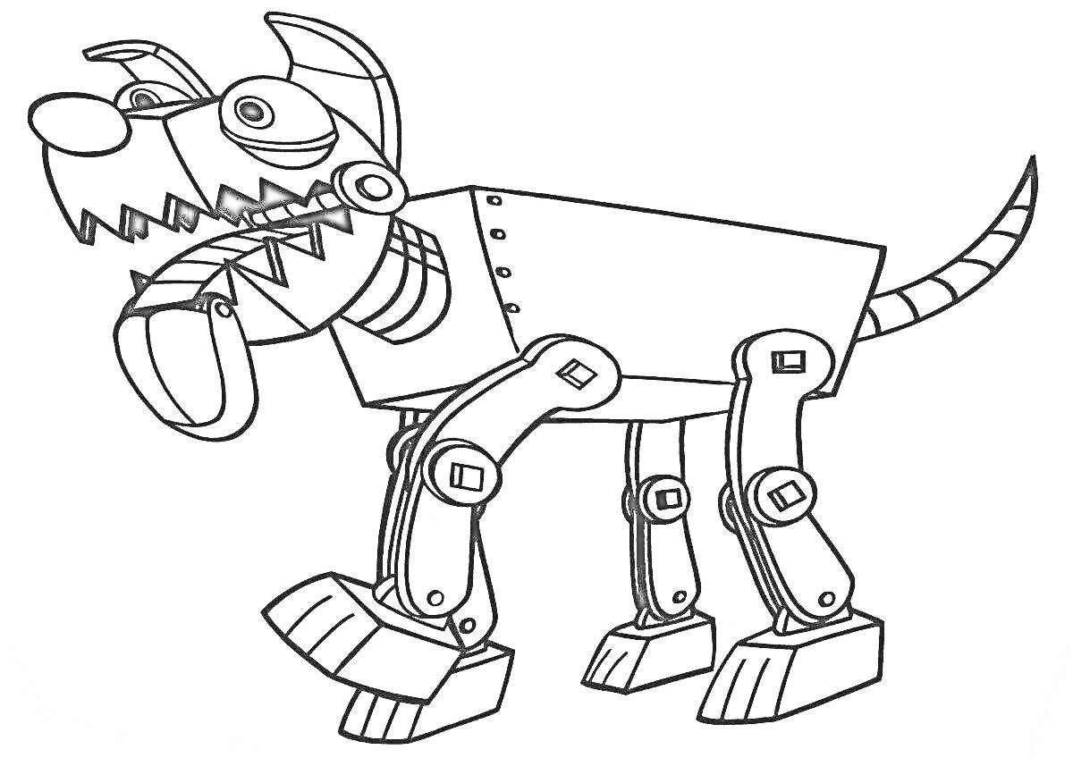 Раскраска Робопес с механическими лапами и хвостом, острозубой пастью и округлыми глазами.