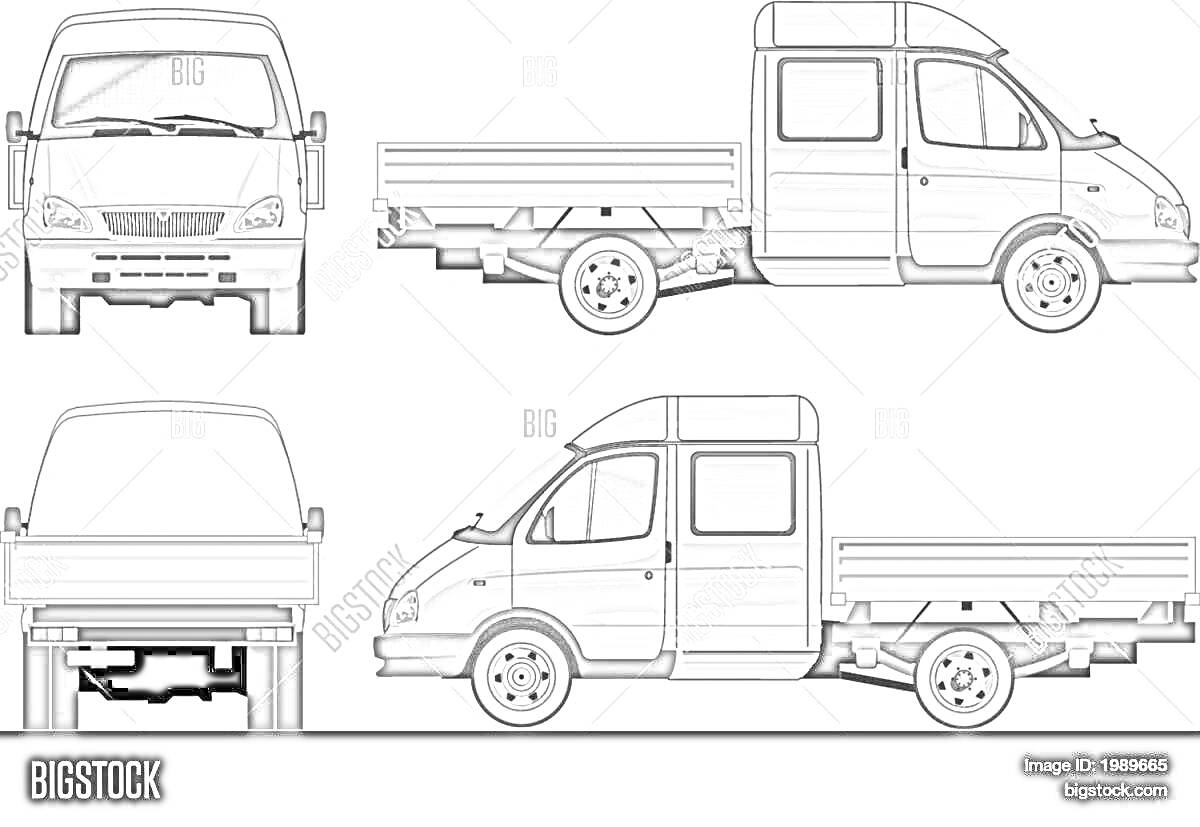 Раскраска Грузовая газель с двухрядной кабиной и открытым кузовом, вид спереди, сзади, слева и справа