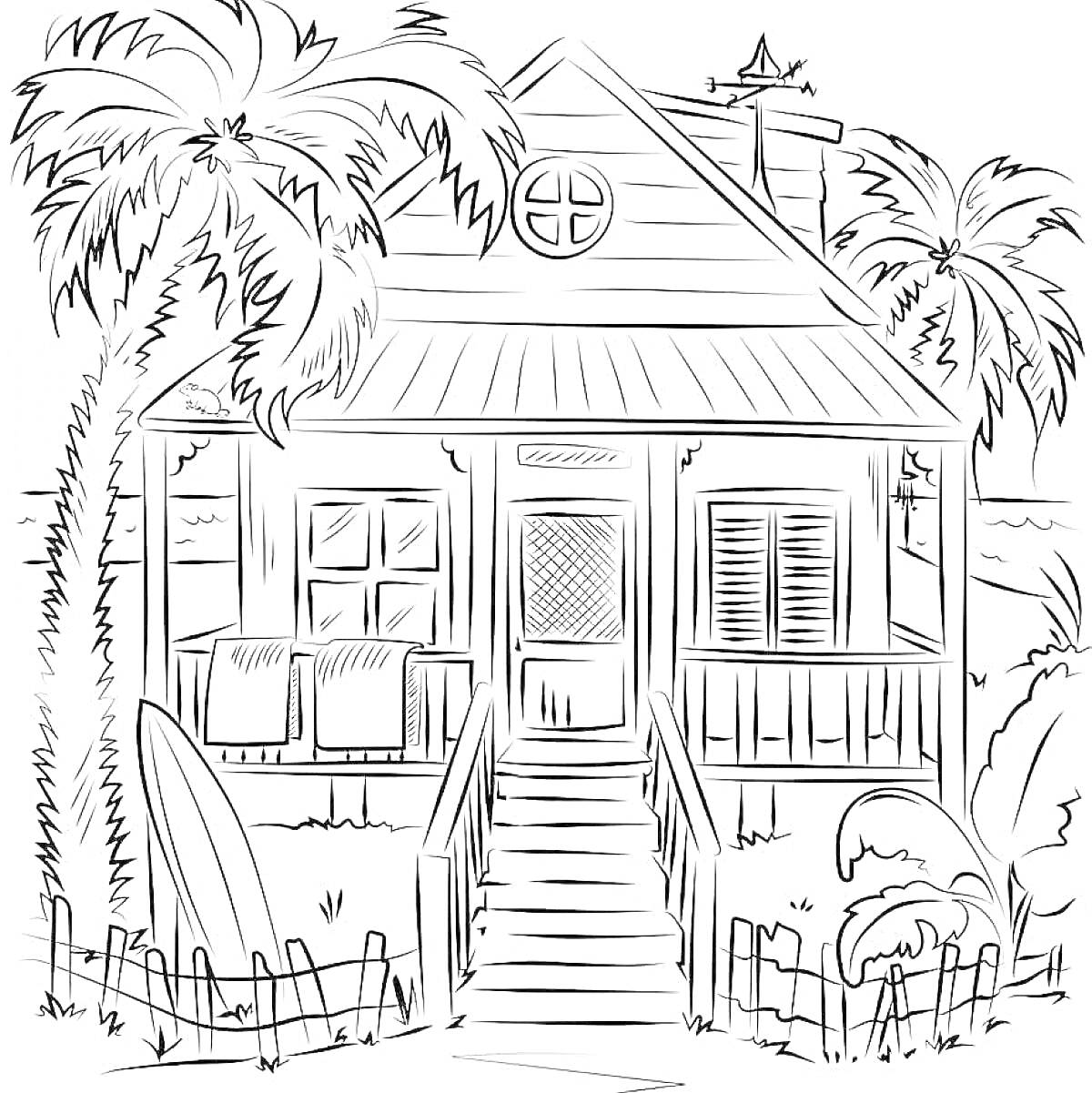 Раскраска Домик на Мальдивах с пальмами, шезлонгами и забором