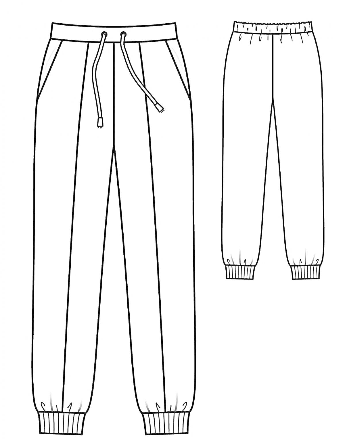 Раскраска Спортивные штаны с манжетами и шнурком, вид спереди и сзади