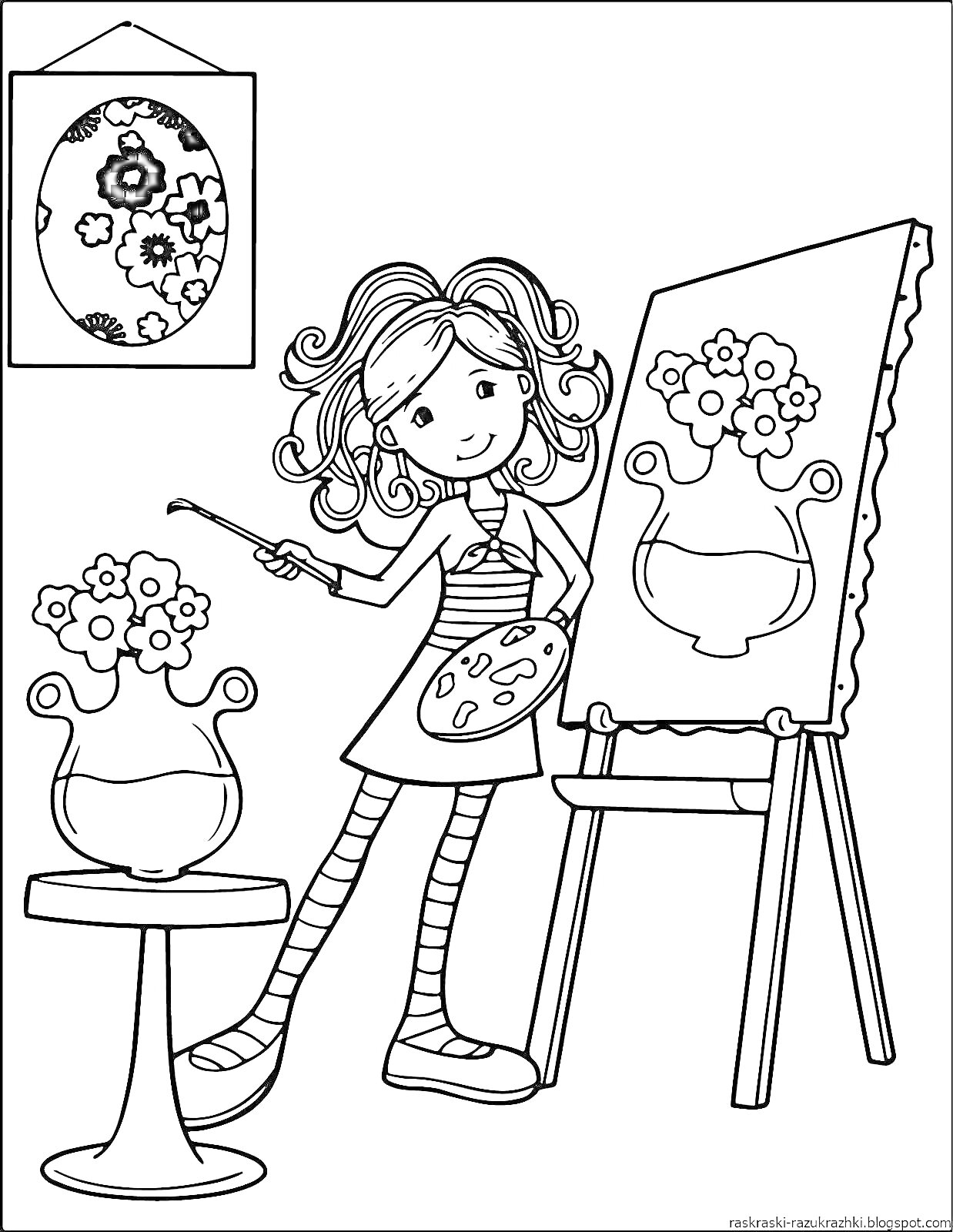 Раскраска Девочка рисует цветы в вазе на мольберте, рядом стоит ваза с цветами, на стене висит картина с рисунком яйца с цветами
