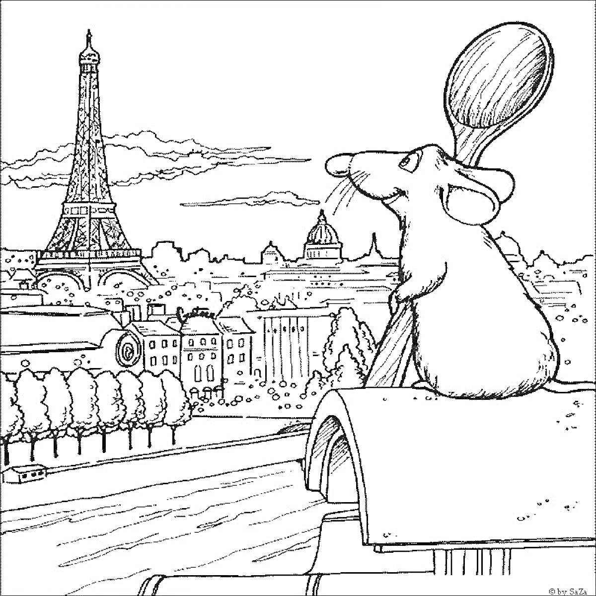 На раскраске изображено: Франция, Париж, Эйфелева башня, Мышь, Крыша, Достопримечательности, Архитектура, Культура, Города