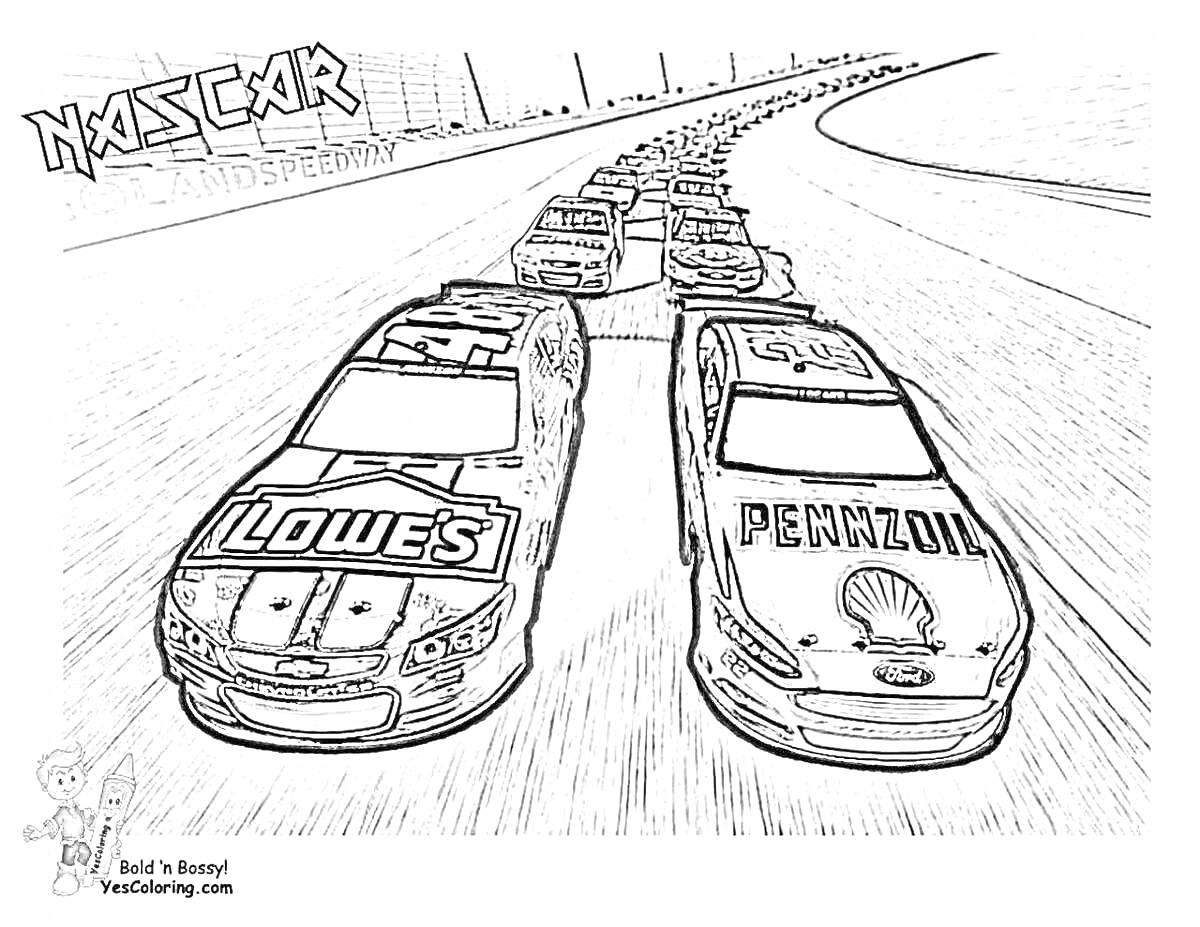 Раскраска Гоночные автомобили на трассе, машины с логотипами Lowe's и Pennzoil, гонка на высокоскоростной трассе