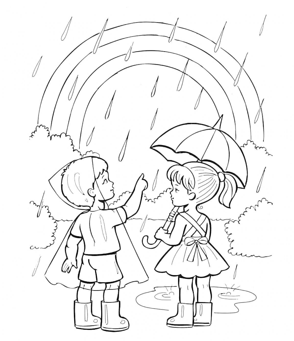 Дети под дождем, стоящие перед радугой, с зонтом и плащом, в резиновых сапогах