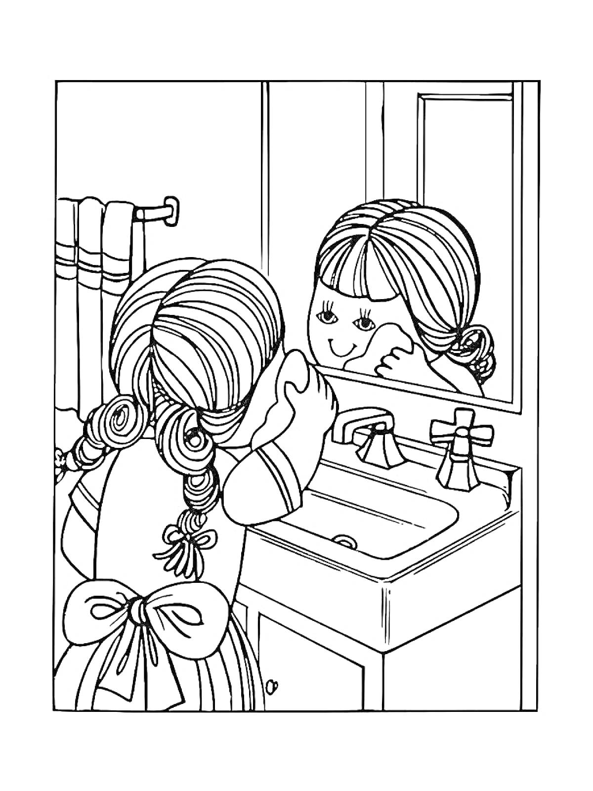На раскраске изображено: Девочка, Гигиена, Ванная комната, Зеркало, Раковина, Полотенце, Вода