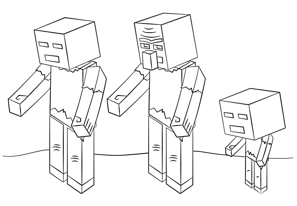 Раскраска Три персонажа из Майнкрафт: зомби, деревенский житель-зомби и младенец-зомби