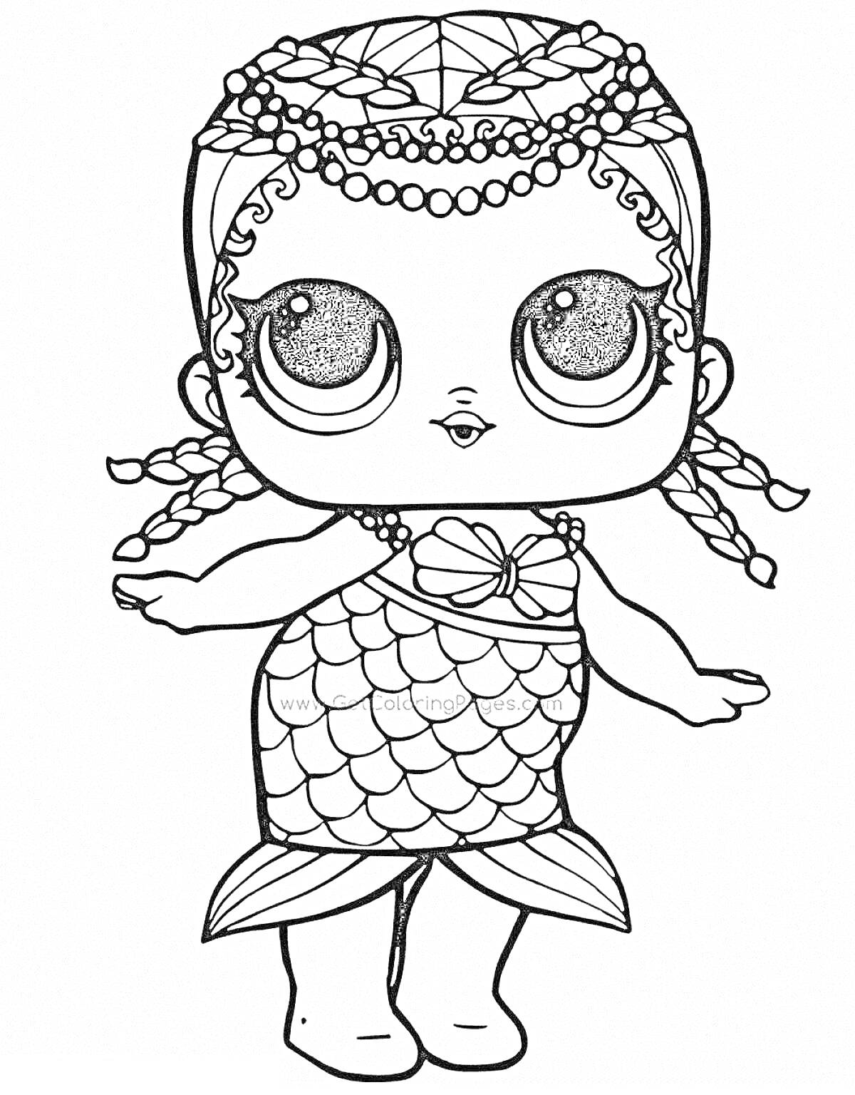 Раскраска Кукла Лол в виде русалки с плавником и украшением из бисера