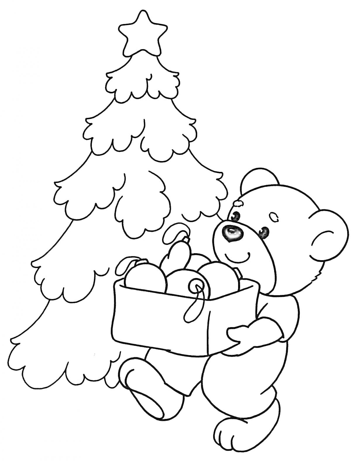 На раскраске изображено: Новый год, Игрушки, Подарки, Украшения, Звезды, Елки, Медведь, Праздники