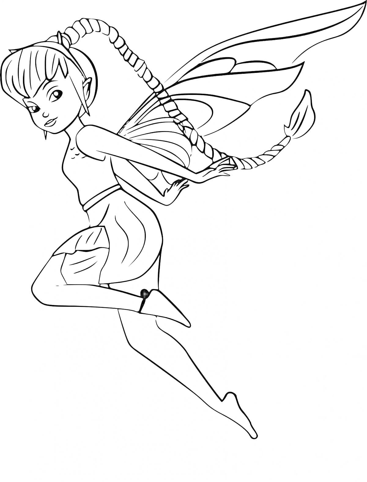 Раскраска Фея с длинной косой, взлетающая в воздухе