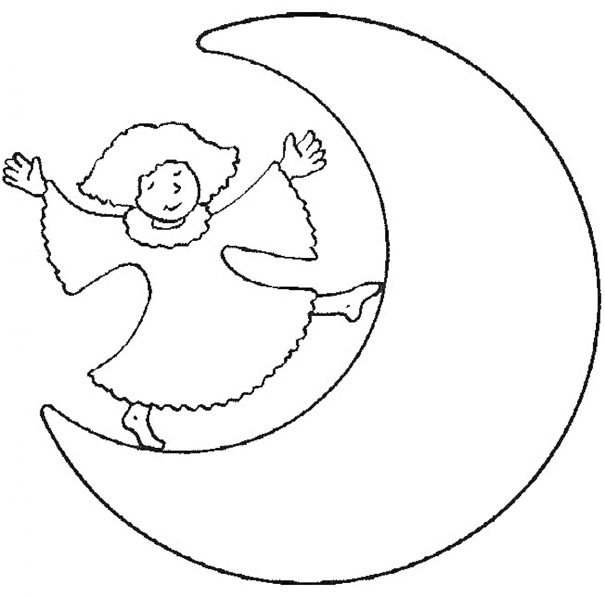 На раскраске изображено: Девочка, Луна, Месяц, Полумесяц, Детское творчество, Небо