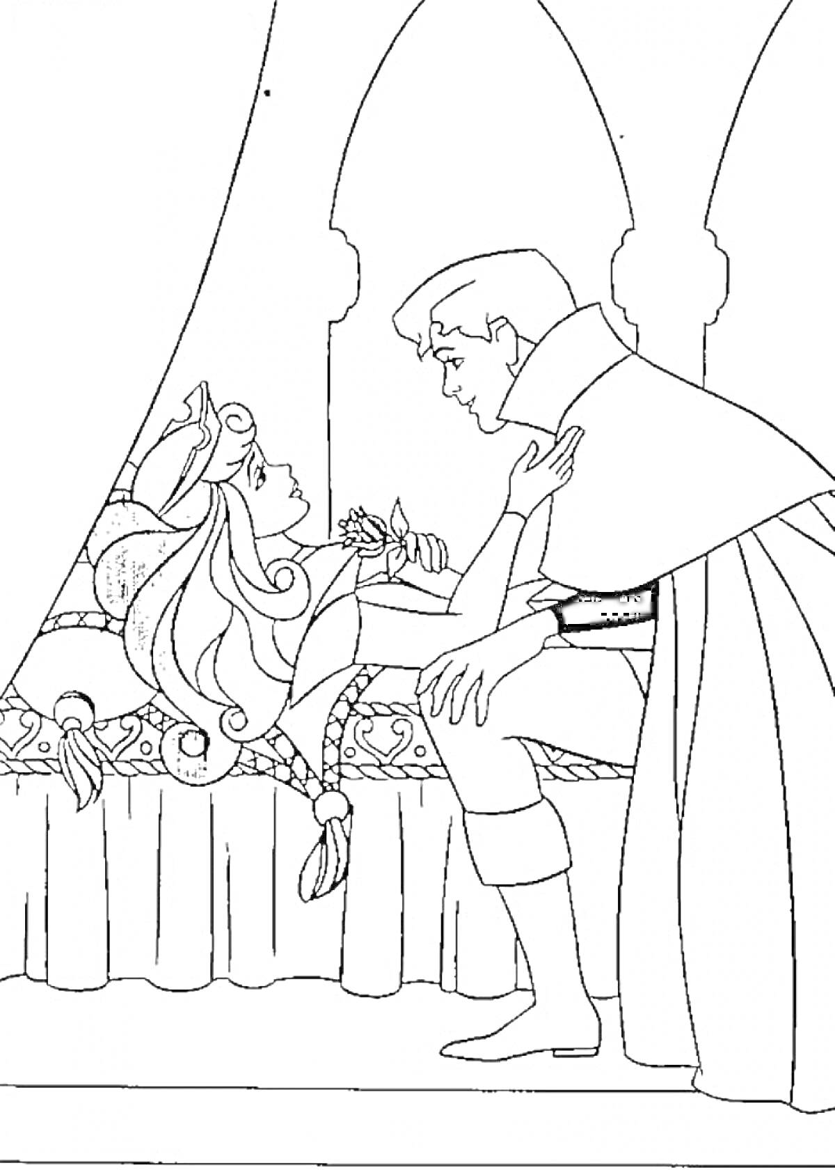 Раскраска Спящая красавица на постели и принц с розой в руке, завеса и арки на заднем плане