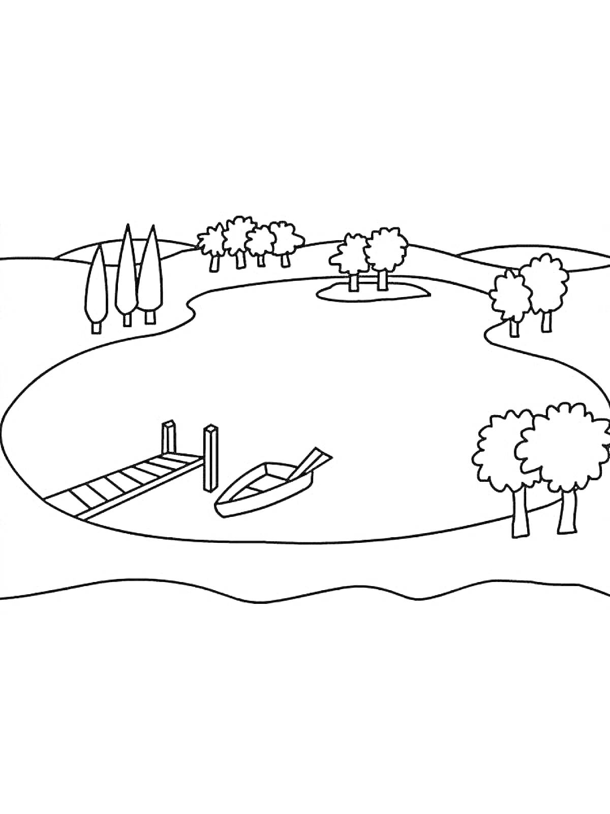 На раскраске изображено: Озеро, Причал, Лодка, Деревья, Остров, Природа, Берег