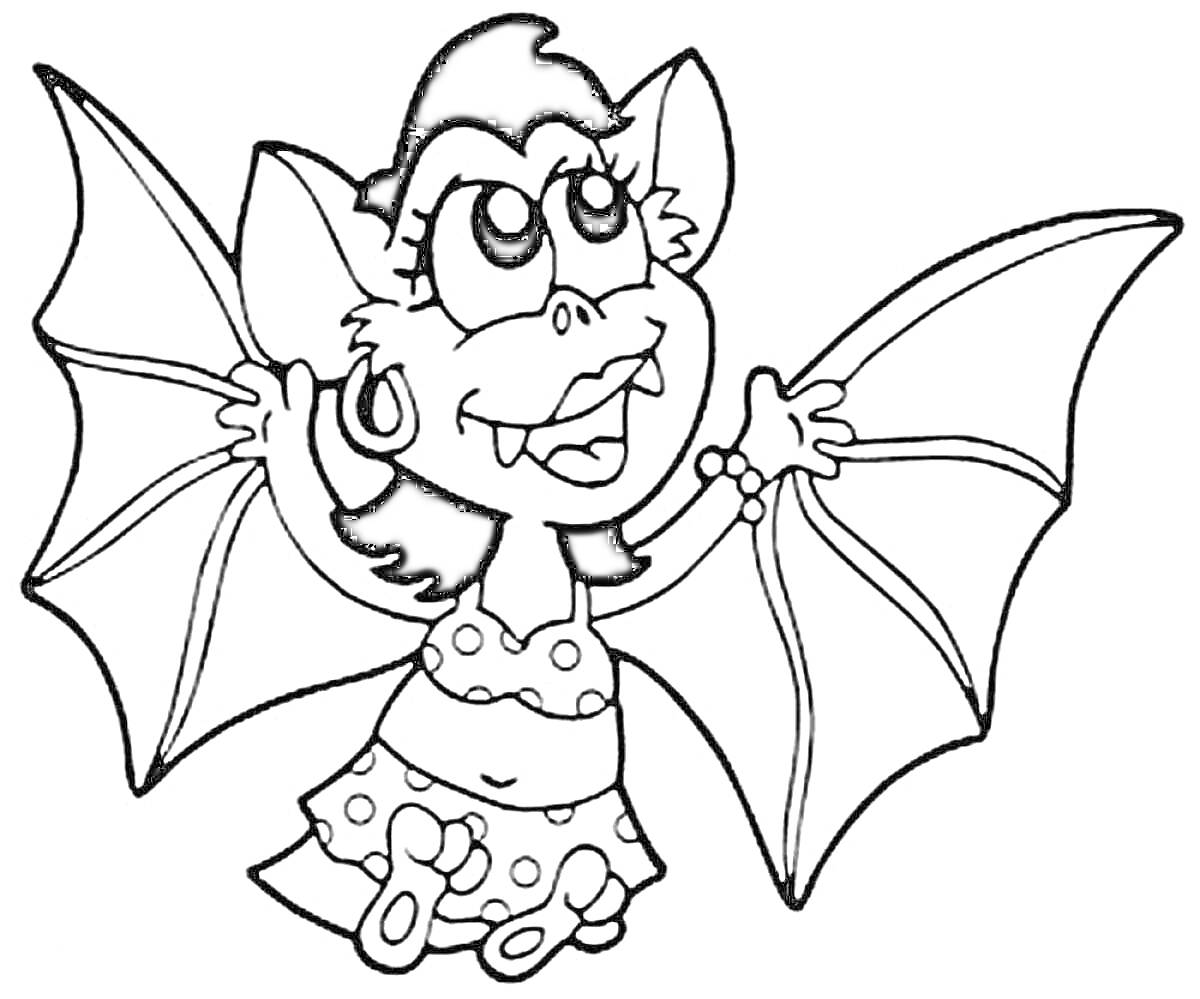 Раскраска Вампирчик с крыльями, в платье с горошками, с сережкой и браслетом