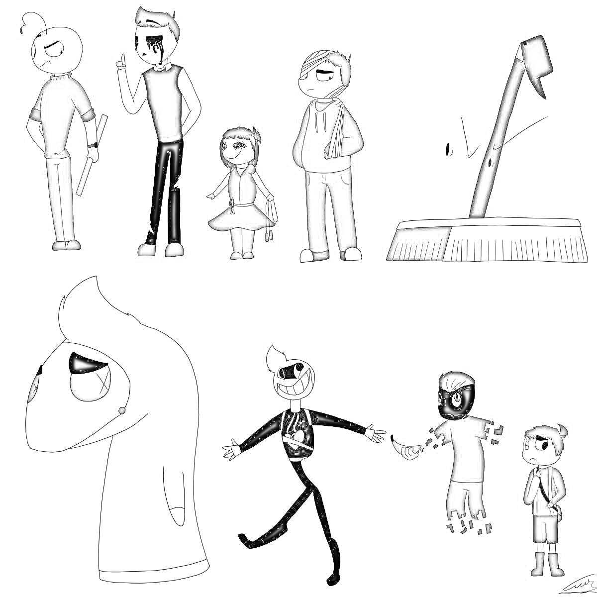 Раскраска Персонажи из игры Балди в различных сценах: двое больших персонажей и маленький персонаж в первом ряду, персонаж с веником справа, персонаж с капюшоном, веселый персонаж и два героя рядом