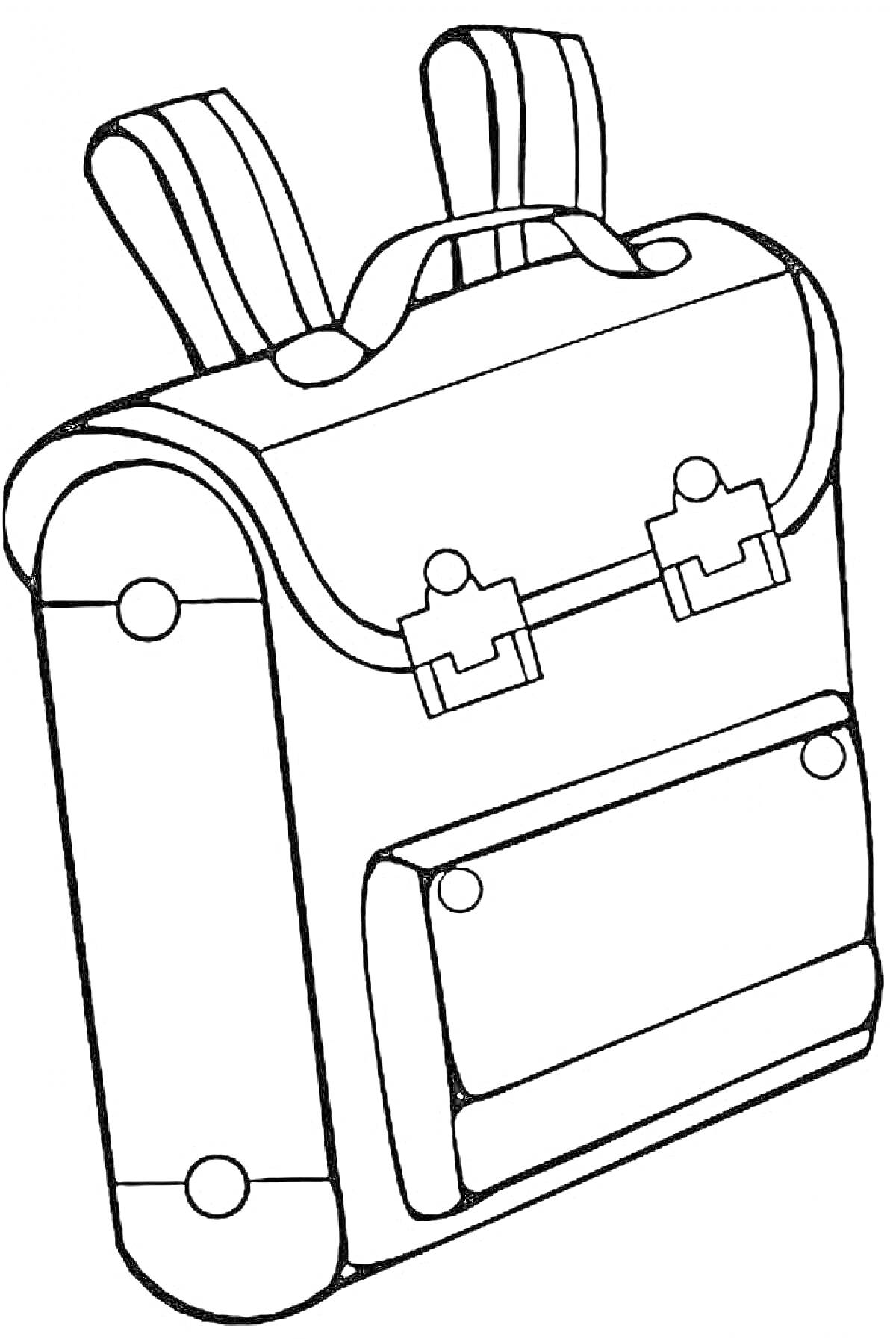 Раскраска Портфель с двумя лямками, ручкой и карманом на застежках