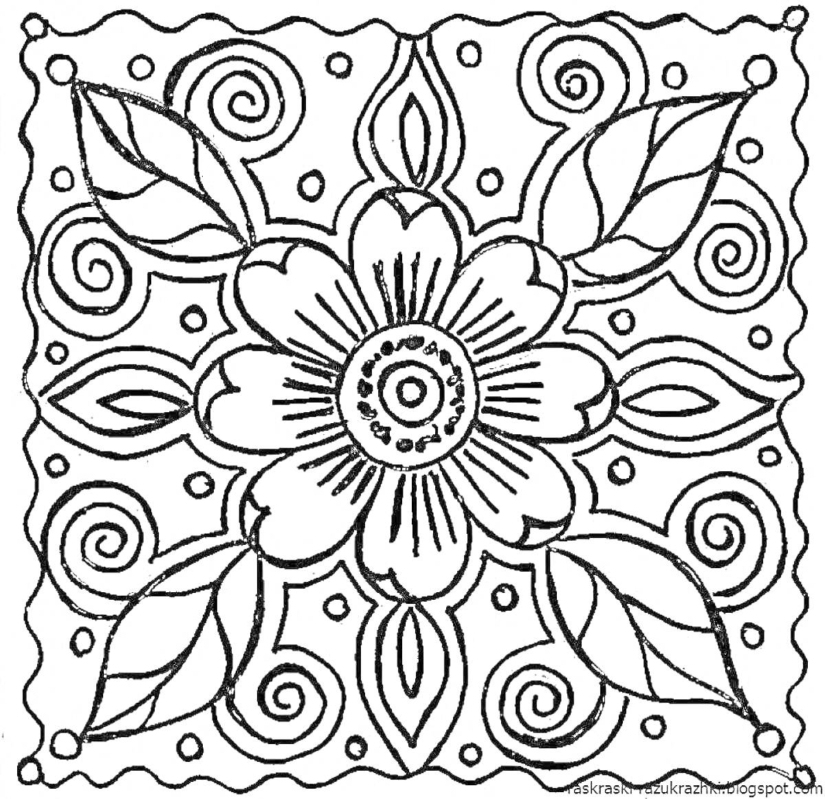 Цветочный орнамент с листьями, спиралями и волнистым узором по краям