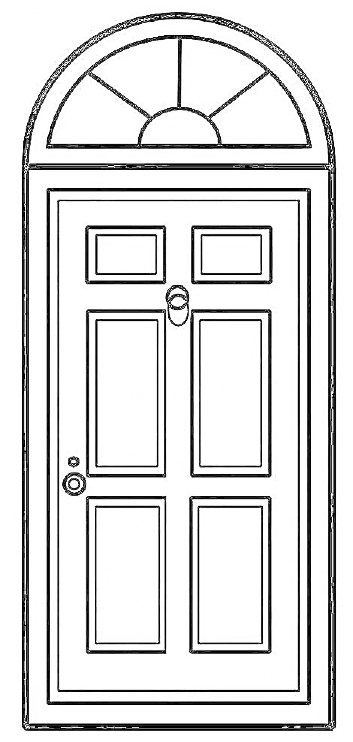 Дверь с шестью панелями и верхним арочным окном, дверной ручкой и дверным молотком