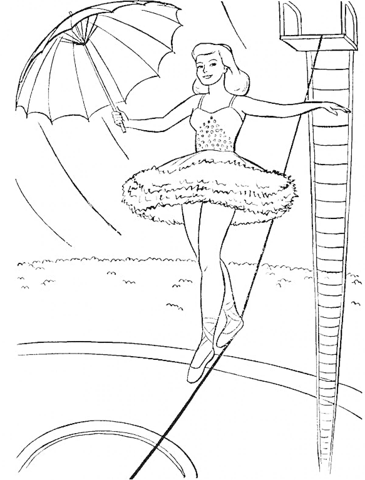 Раскраска Акробатка на канате с зонтиком в цирке