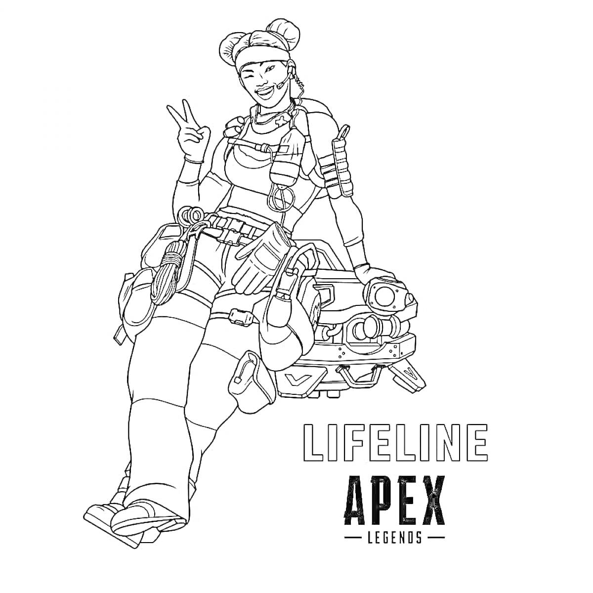 Раскраска Раскраска персонажа Lifeline из игры Apex Legends, с поднятой рукой, показывающей знак 