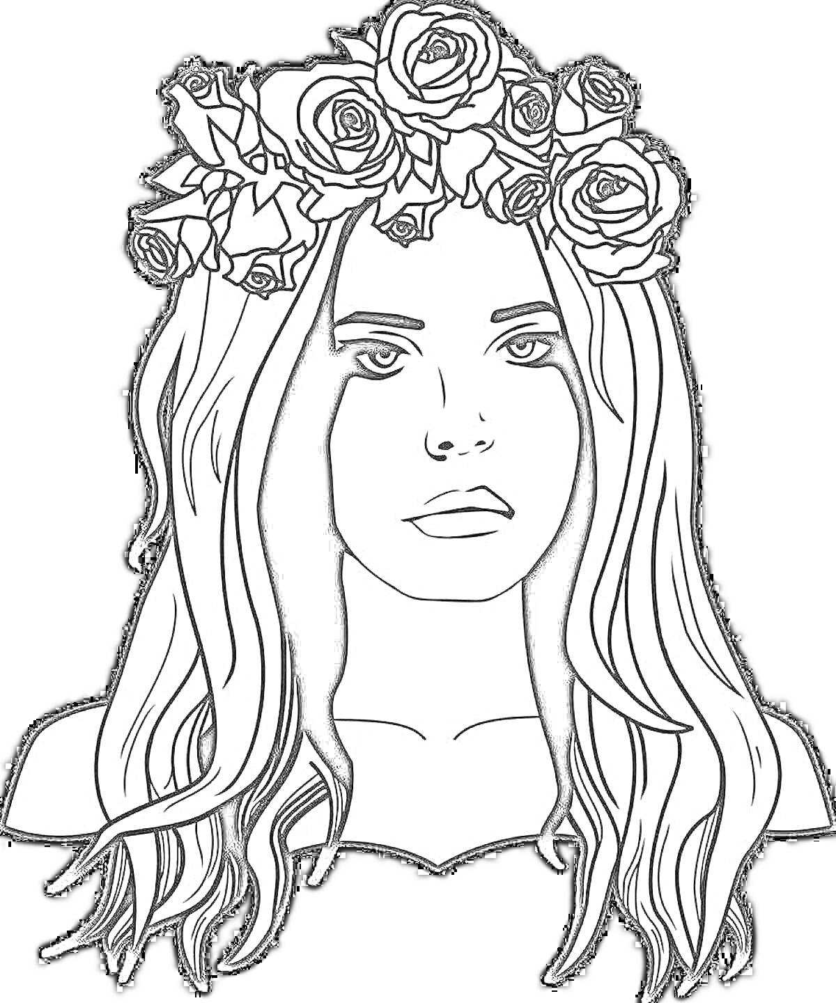 Раскраска Девушка с цветочным венком на голове