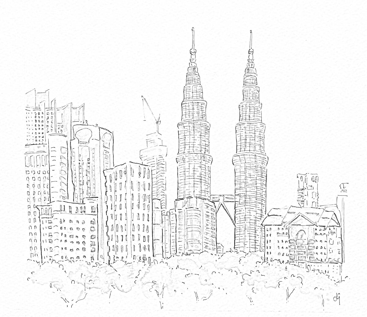 Раскраска Городской пейзаж с башнями близнецами, современными зданиями и деревьями на переднем плане.