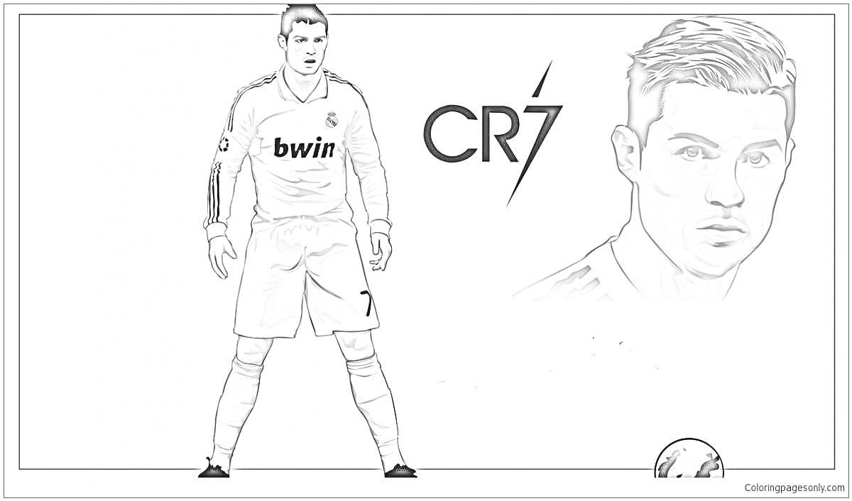 Футболист в полный рост с мячом, логотип CR7 и портрет