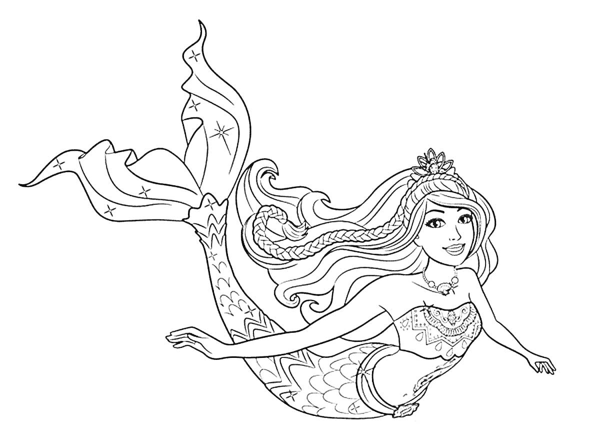 Раскраска Барби русалка кукла с длинными волосами и короной, плывущая в воде