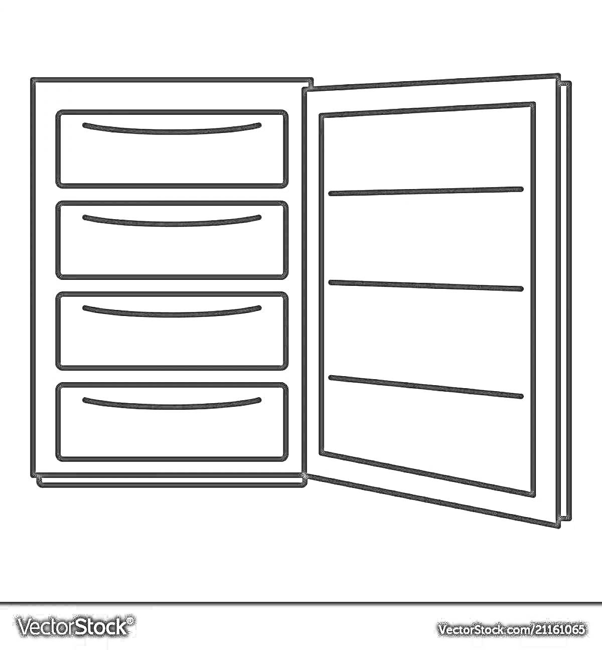 Раскраска Открытый холодильник с четырьмя ящиками и тремя полками на двери
