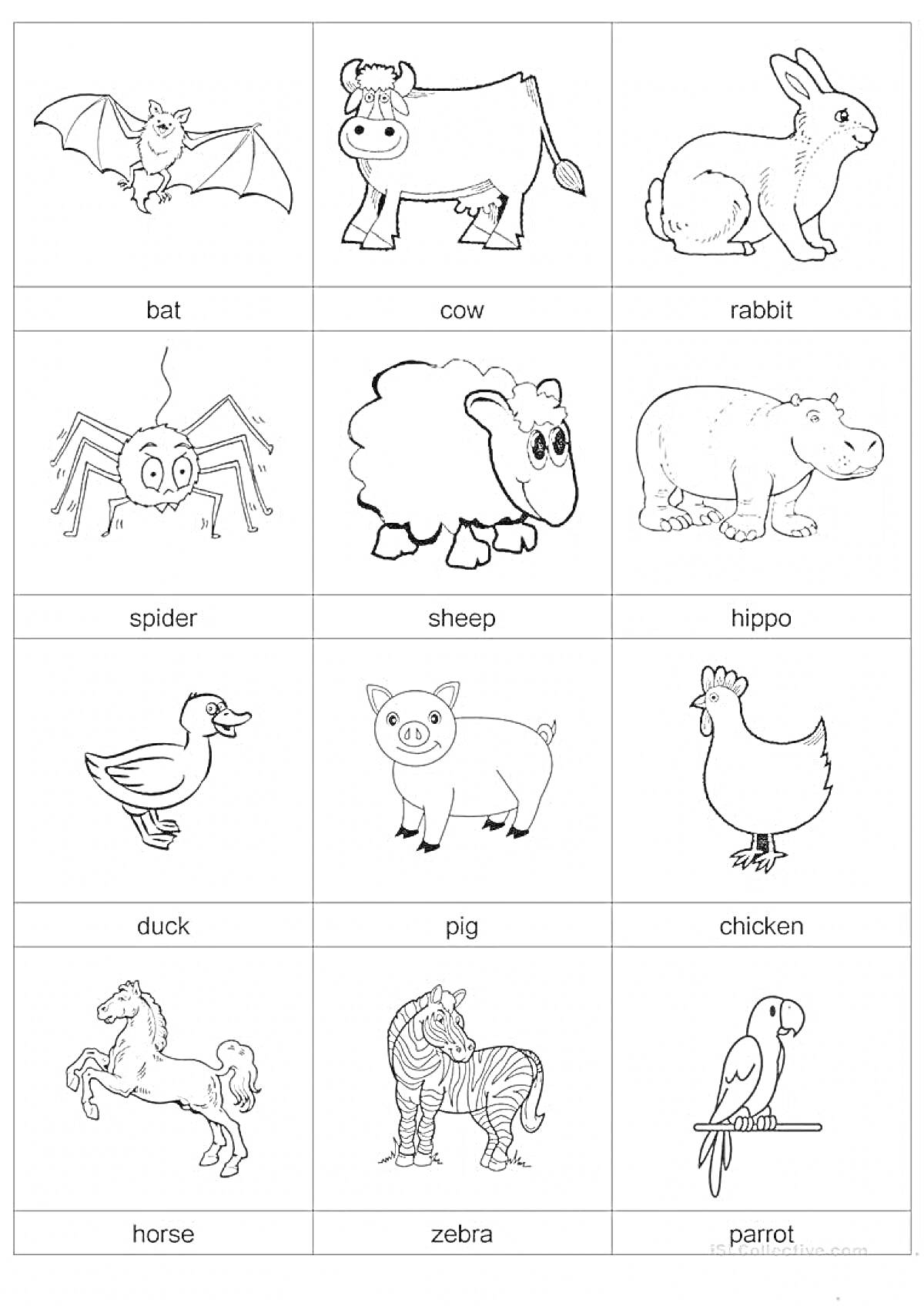 Раскраска Цветная раскраска с изображением летучей мыши, коровы, кролика, паука, овцы, гиппопотама, утки, свиньи, курицы, лошади, зебры и попугая