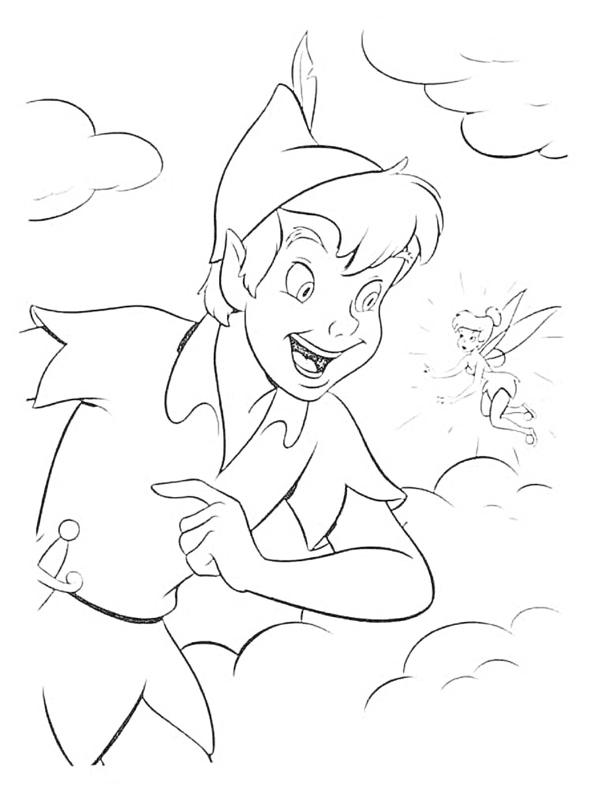 Раскраска Питер Пэн и фея среди облаков
