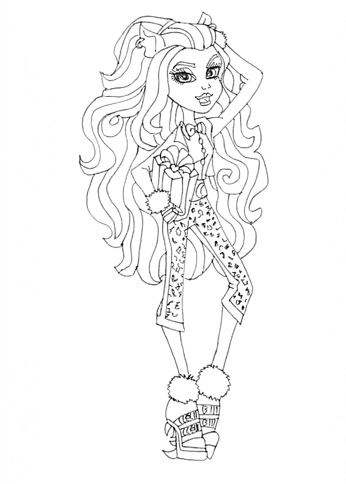 Раскраска Девушка Монстр Хай с длинными волосами, с бантом и меховой оправой, в леопардовых штанах и туфлях с мехом, стоит в полный рост, с одной рукой поднятой к голове.