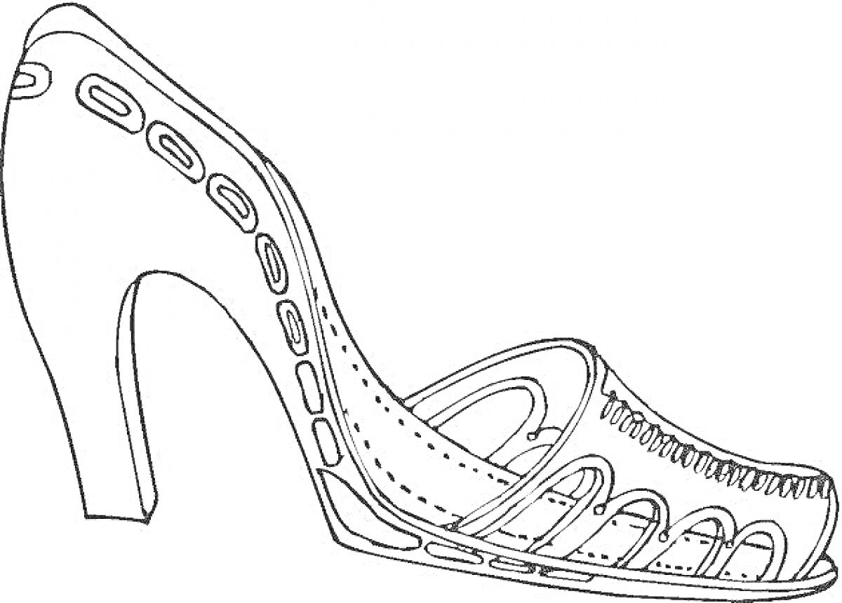 Раскраска Туфелька Золушки с отверстиями на каблуке и подошве, ажурными узорами по бокам и ремешком.