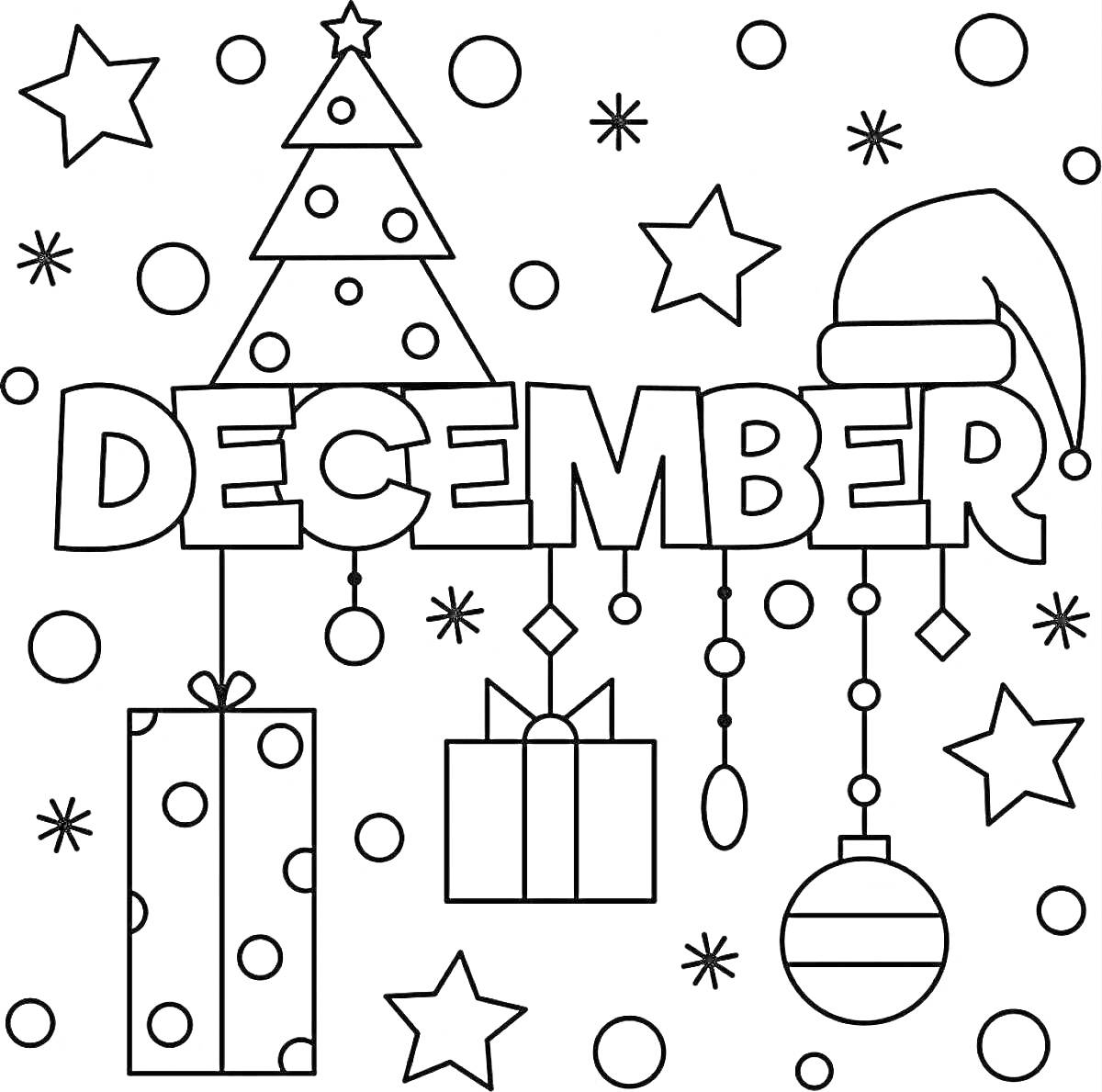 На раскраске изображено: Декабрь, Подарки, Новогодние украшения, Снежинки, Звезды, Зима, Новый год, Праздничное настроение