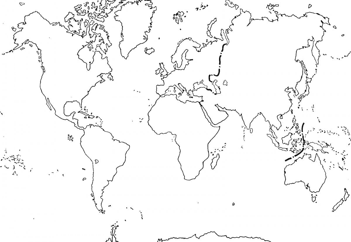 Раскраска Контурная карта мира с изображением континентов и океанов без границ стран