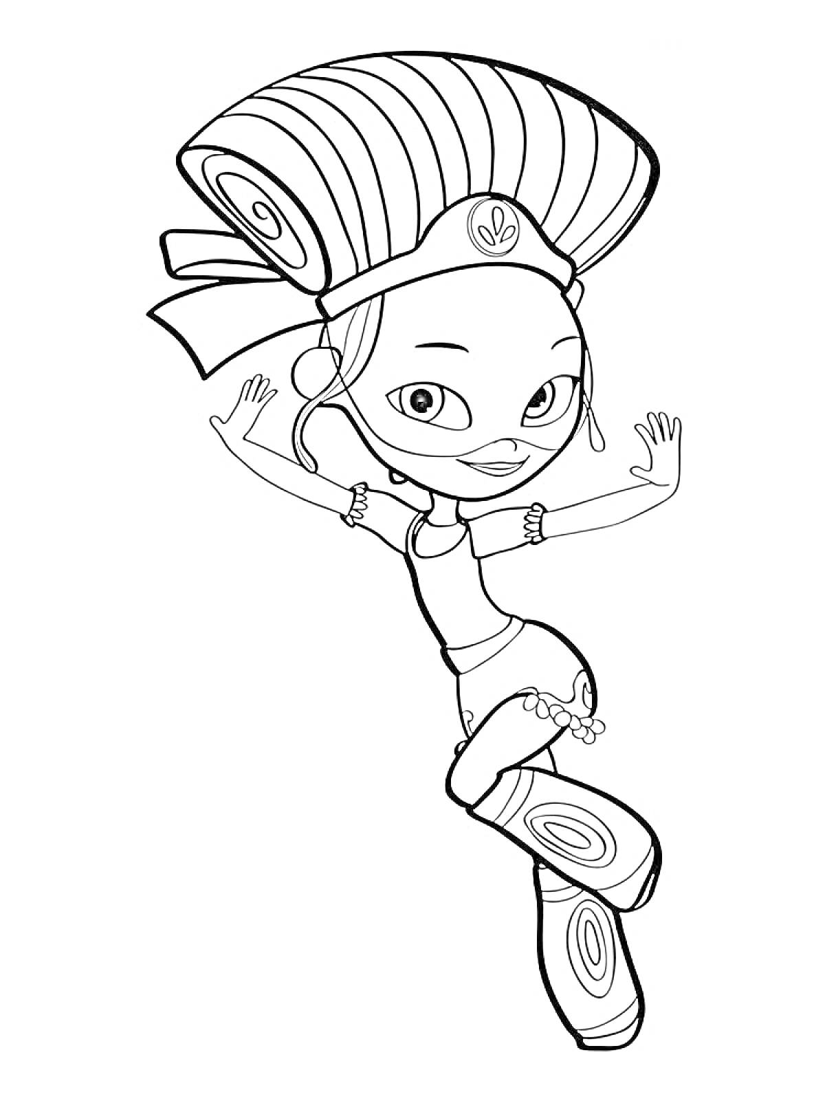 Раскраска Девочка с большой прической, браслетами и сапогами с узорами