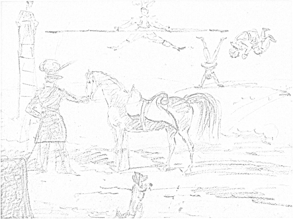 На раскраске изображено: Человек, Лошадь, Шляпа, Акробаты, Кавказский пленник, Цирк, 5 класс