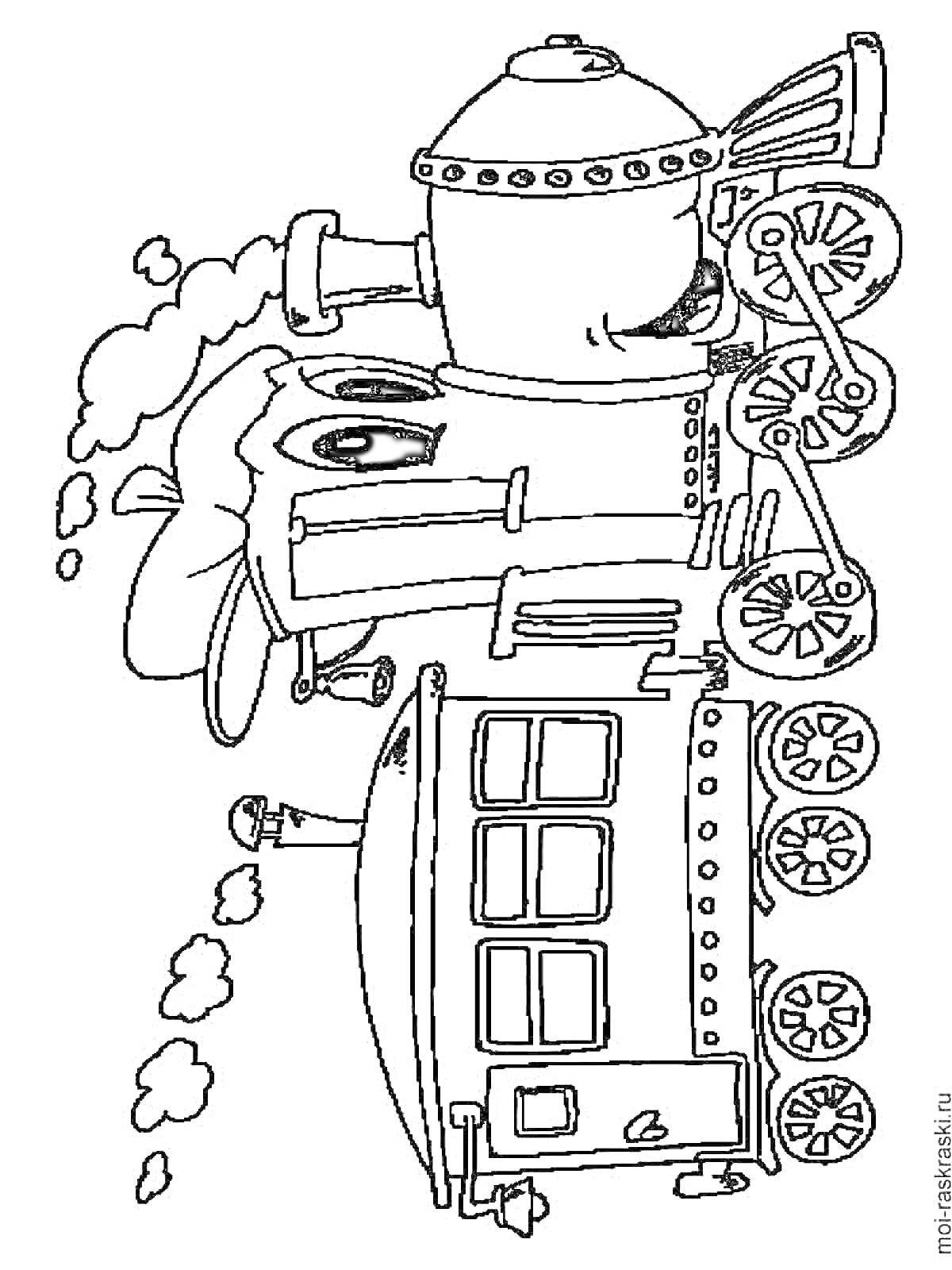 Раскраска Паровозик с глазами и дымом из трубы, прикрепленным вагончиком и деталями механизма