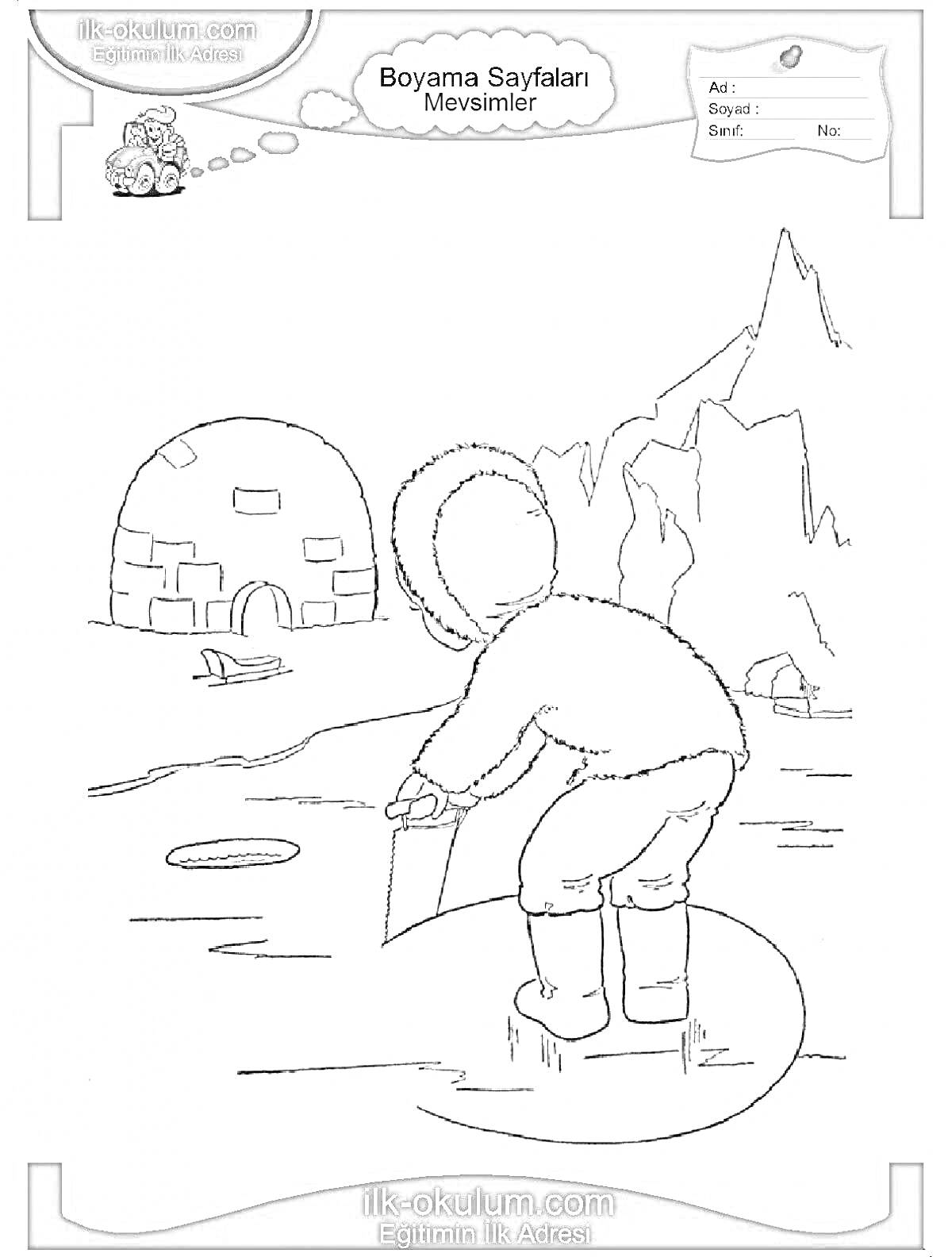 Раскраска Ребенок на тонком льду возле иглу и гор