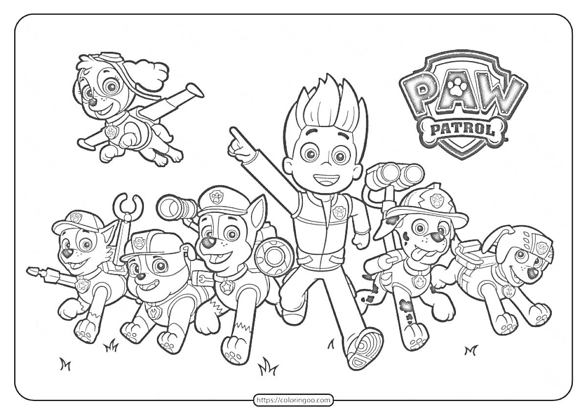 На раскраске изображено: Щенячий патруль, Наездник, Paw Patrol, Спасатели