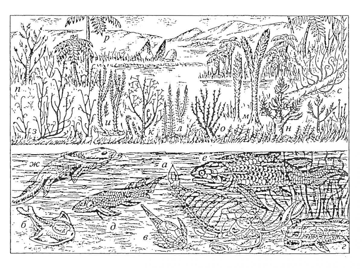 Раскраска Палеозойская эра со сценами природного ландшафта и подводными обитателями, включая древние растения и доисторических животных в воде