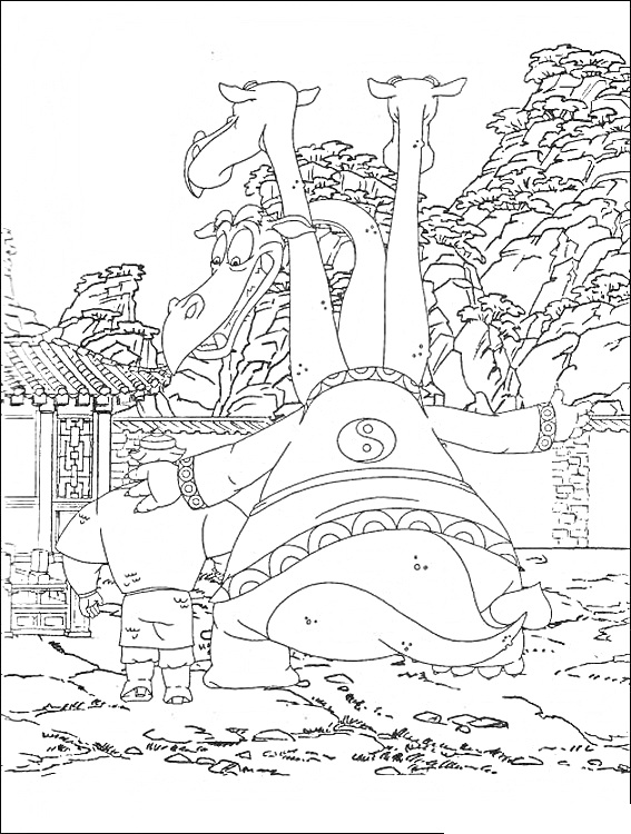Раскраска Богатырь и двуглавый дракон на фоне китайской архитектуры и гор