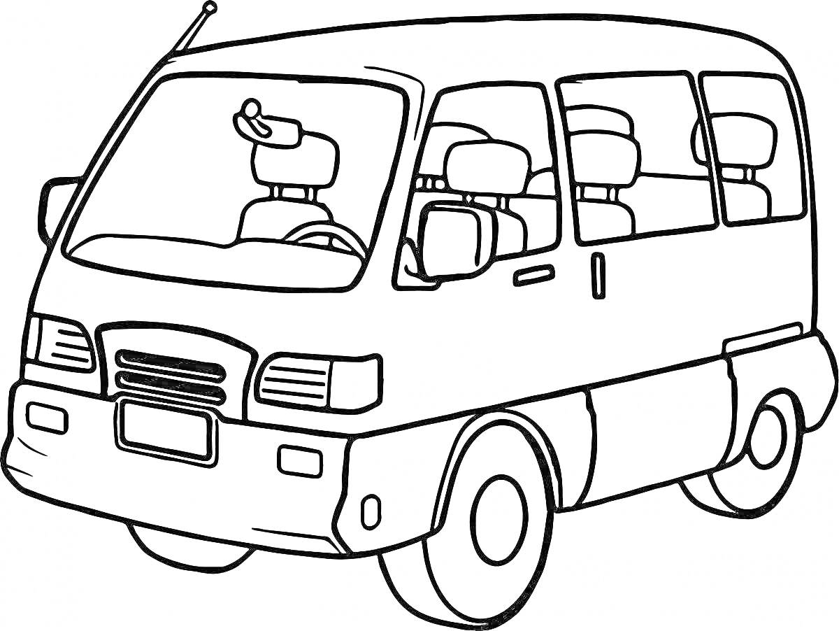 На раскраске изображено: Пассажирский транспорт, Микроавтобус, Фары, Окна, Зеркало заднего вида