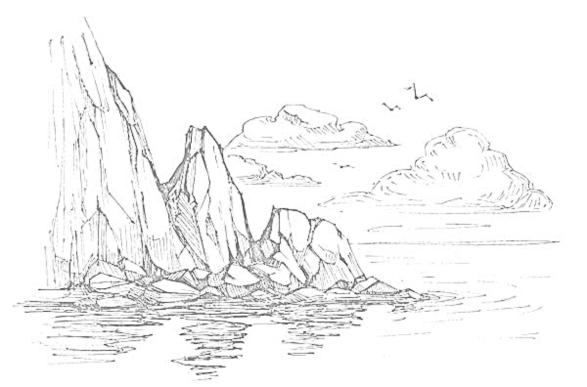 На раскраске изображено: Море, Облака, Природа, Вода, Камни, Небо, Пейзаж