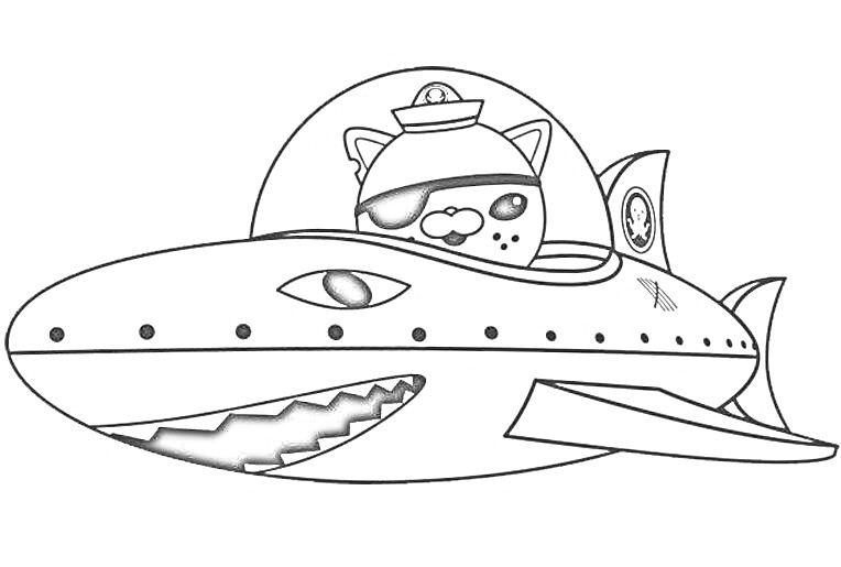 На раскраске изображено: Космический корабль, Кот, Пиратская шляпа, Капитан, Для мальчиков, Для детей, Акулы