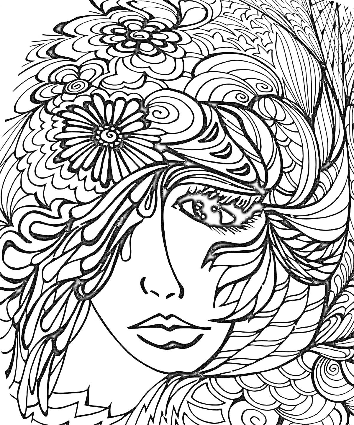 Раскраска Девушка с цветами и узорами в волосах